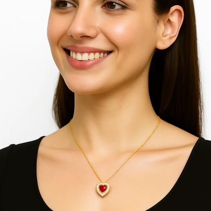Amore | Gold Plated Heart Charm Necklace with Red Zircons