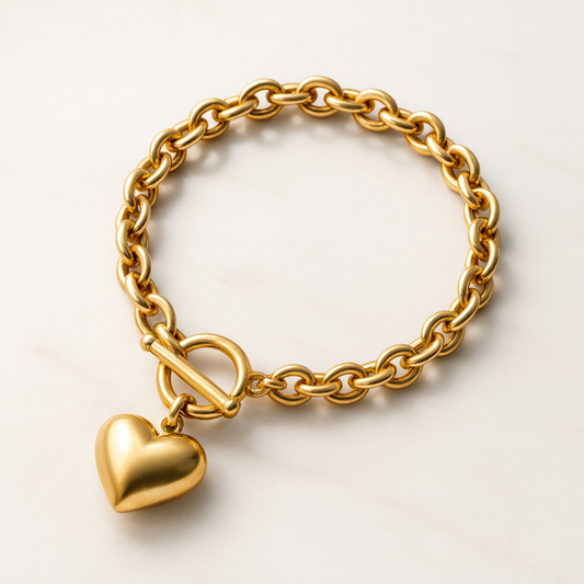 Luna | 18K Gold-Plated Solid Heart Charm OT Buckle Chunky Bracelet