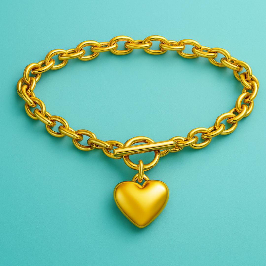 Luna | 18K Gold-Plated Solid Heart Charm OT Buckle Chunky Bracelet