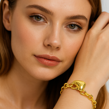 Luna | 18K Gold-Plated Solid Heart Charm OT Buckle Chunky Bracelet