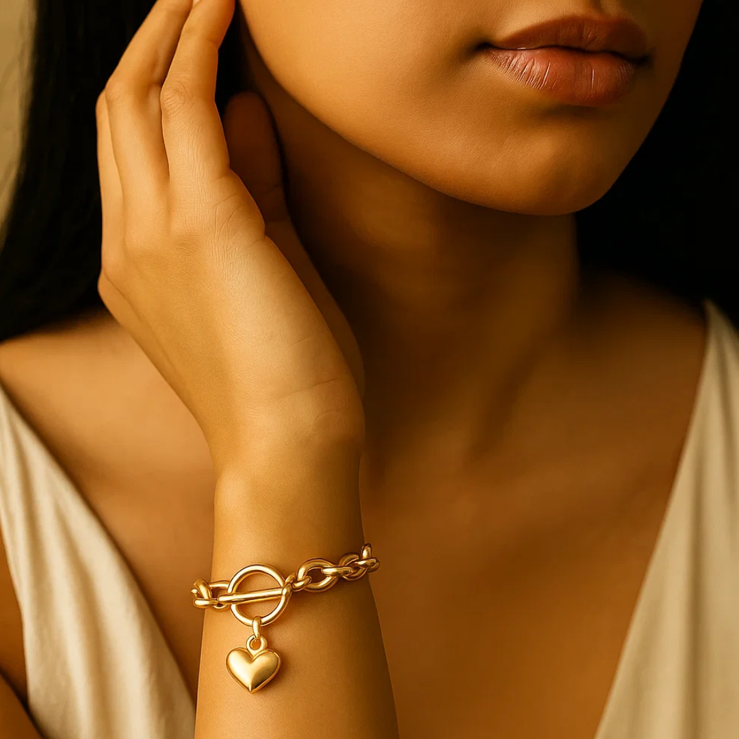 Luna | 18K Gold-Plated Solid Heart Charm OT Buckle Chunky Bracelet
