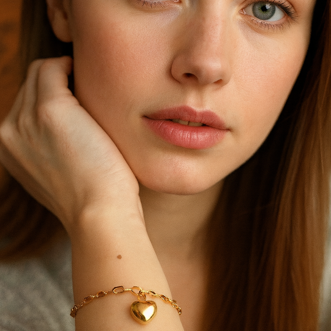 Zeta | Gold Plated Solid Love Heart Charm Bracelet