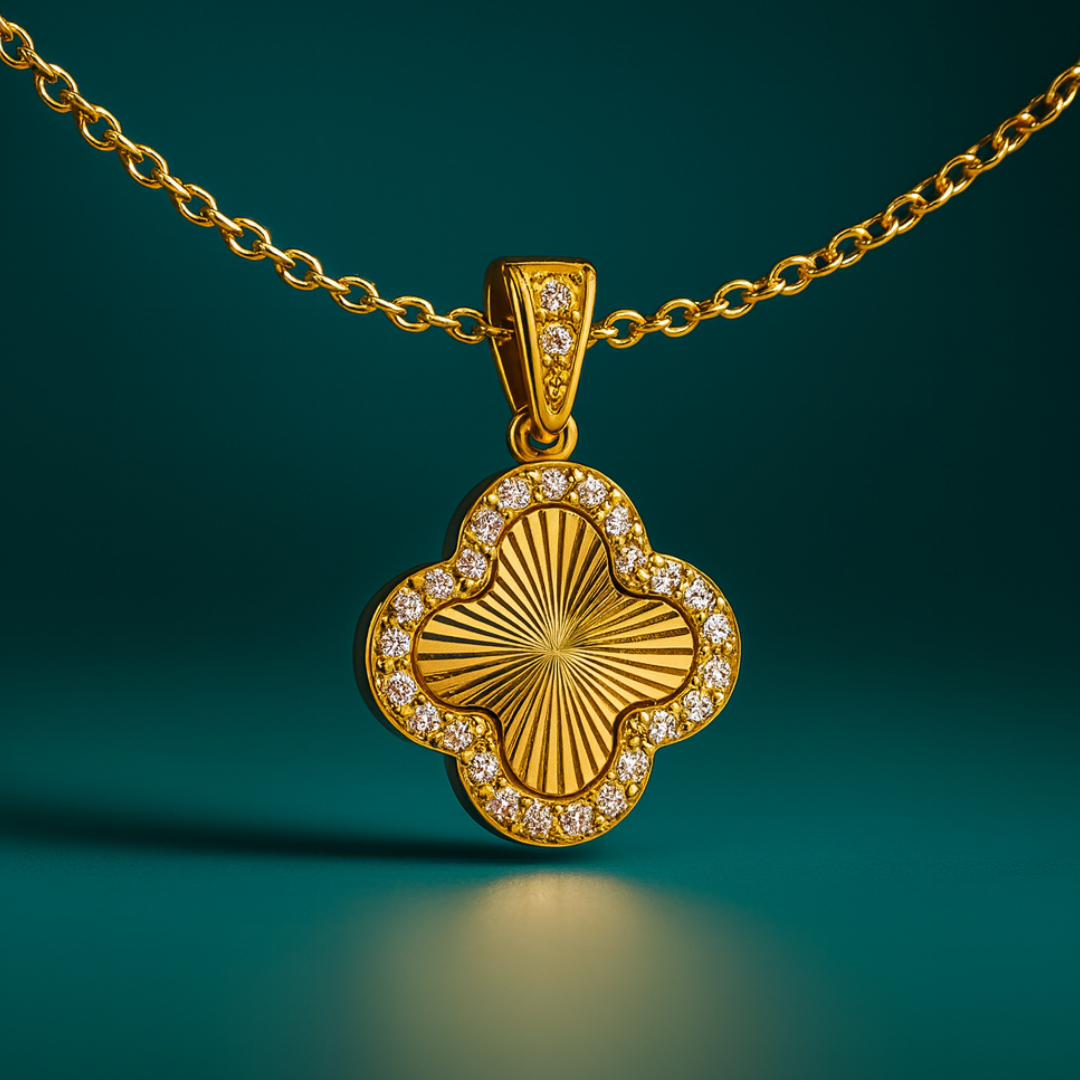 Clover Necklace - 18K Gold Plated Textured Four-Leaf Pendant Waterproof Chain