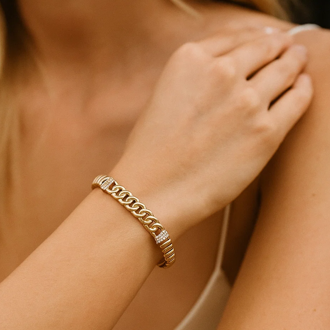 Deanna | Gold Plated Braided Inter-Linked Cuff Bangle Bracelet with Zircons