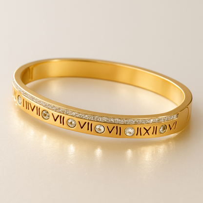 Lucia | 18K Gold Plated Roman Numeral Crystal Cuff Bracelet Bangle