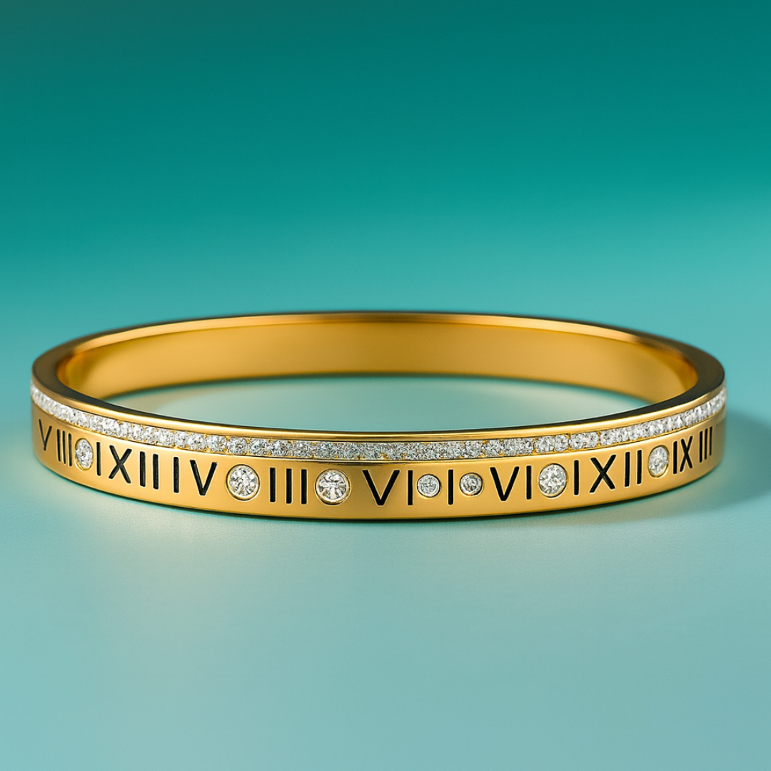 Lucia | 18K Gold Plated Roman Numeral Crystal Cuff Bracelet Bangle
