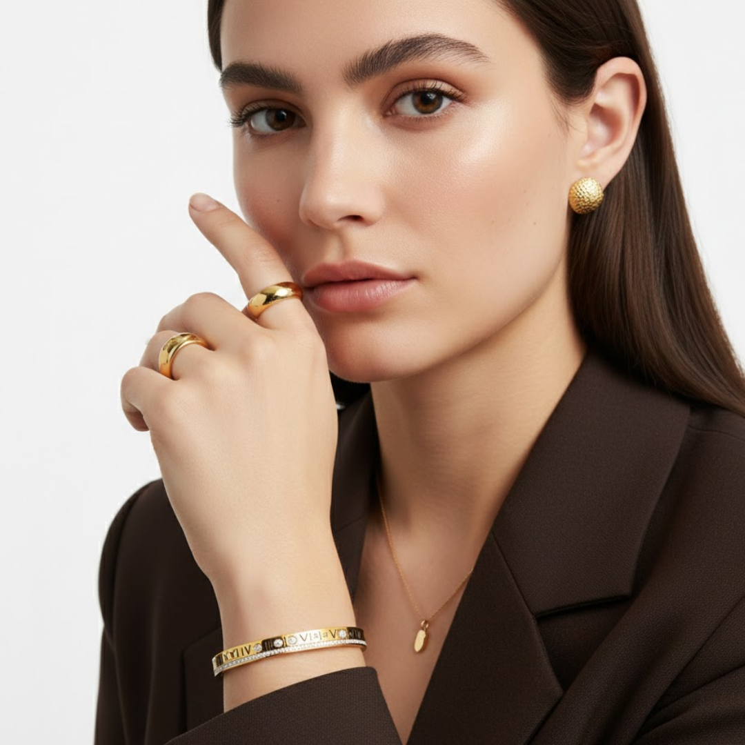 Lucia | 18K Gold Plated Roman Numeral Crystal Cuff Bracelet Bangle