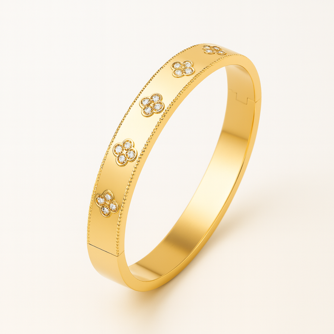 Christine | Gold Plated Four-Leaf Clover Cuff Bracelet Bangle