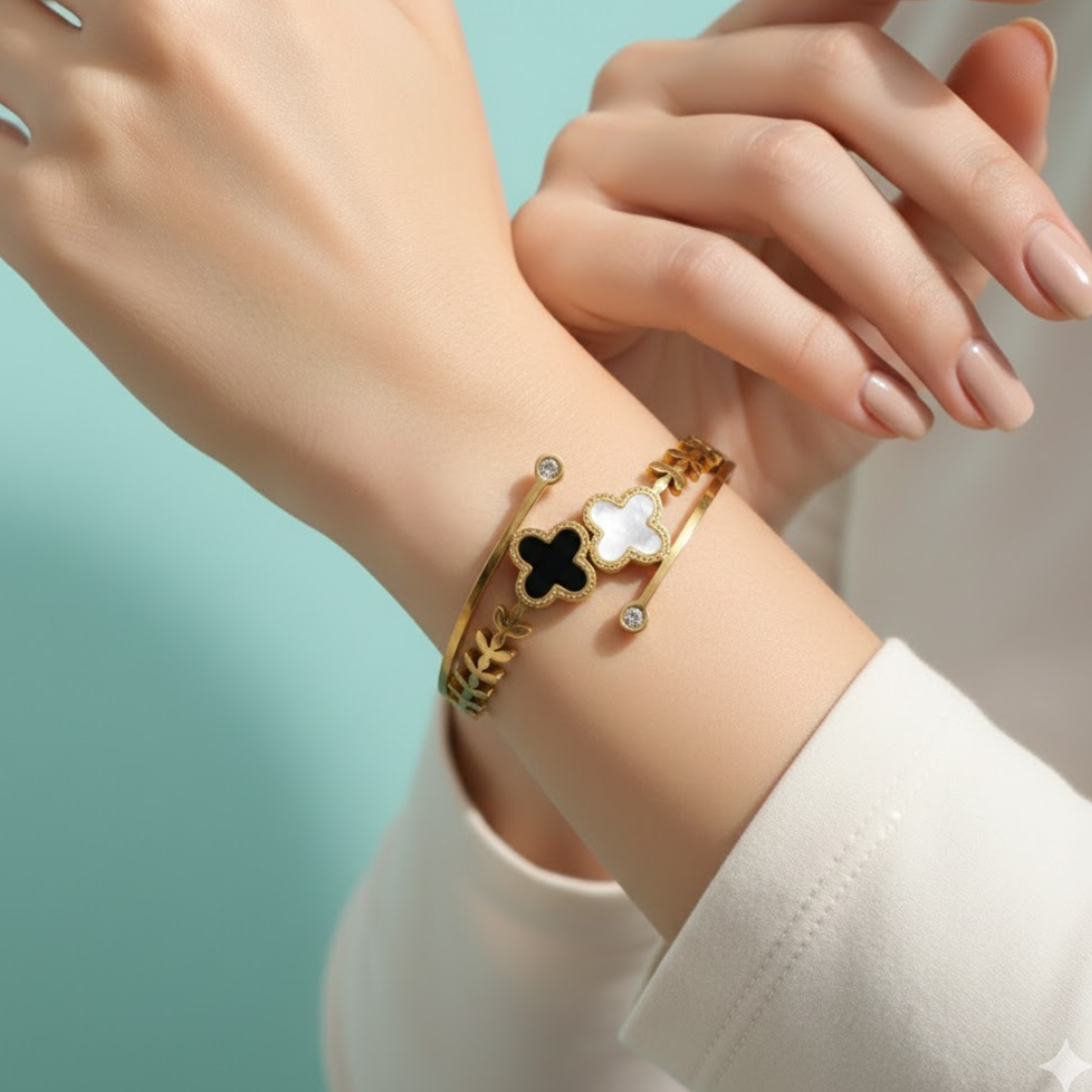 Arabelle | Gold & Rose Gold Plated White and Black Zircon Four-Leaf Clover Bangle Bracelet