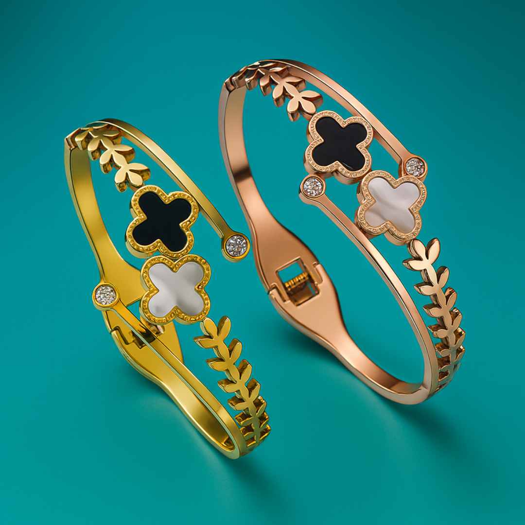 Arabelle | Gold & Rose Gold Plated White and Black Zircon Four-Leaf Clover Bangle Bracelet