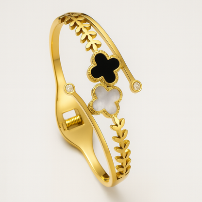 Arabelle | Gold & Rose Gold Plated White and Black Zircon Four-Leaf Clover Bangle Bracelet