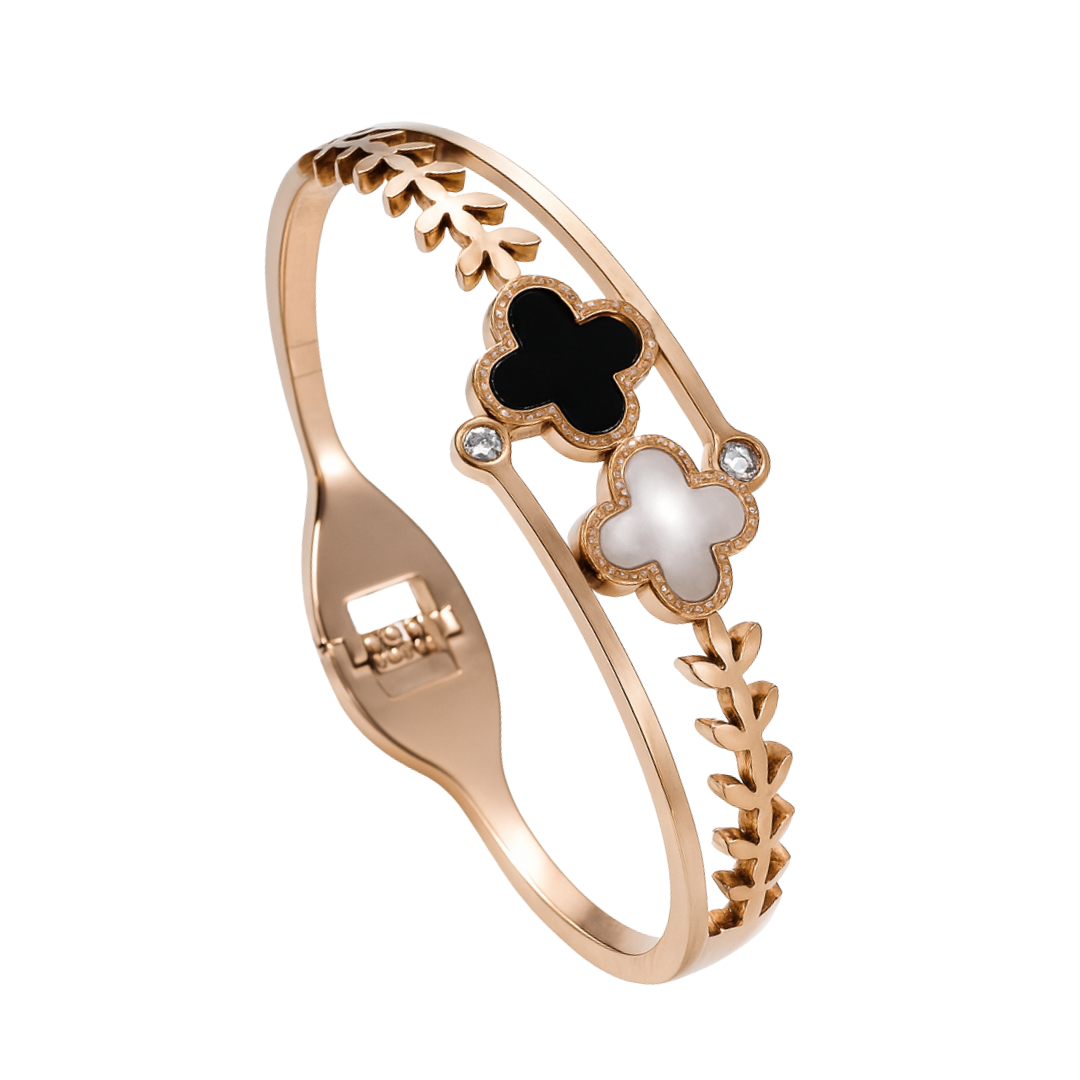 Arabelle | Gold & Rose Gold Plated White and Black Zircon Four-Leaf Clover Bangle Bracelet