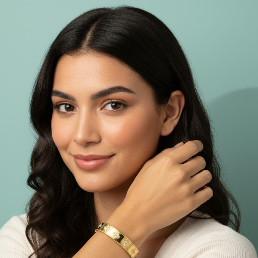 Christine | Gold Plated Four-Leaf Clover Cuff Bracelet Bangle