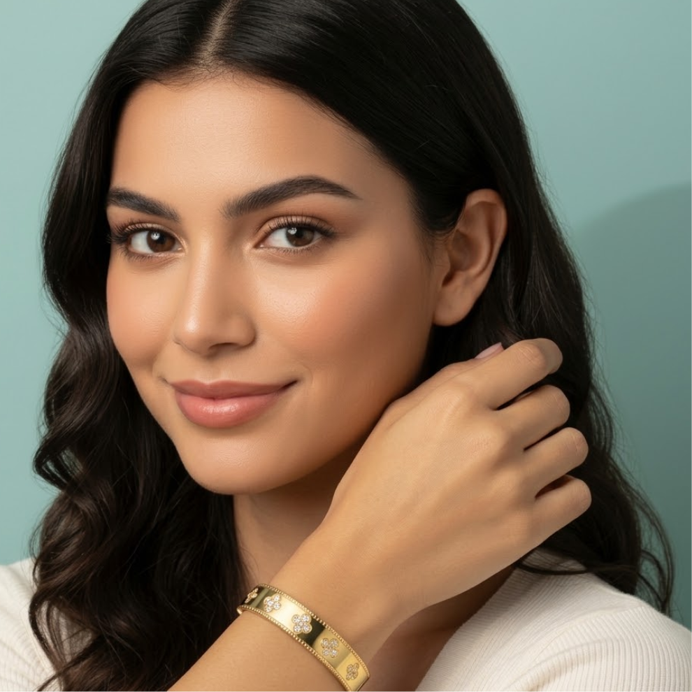 Christine | Gold Plated Pavé Clover Bangle