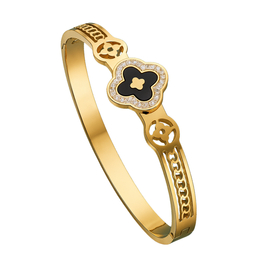 Alara | 18K Gold Plated Black Clover Zircon Cuff Bracelet Bangle