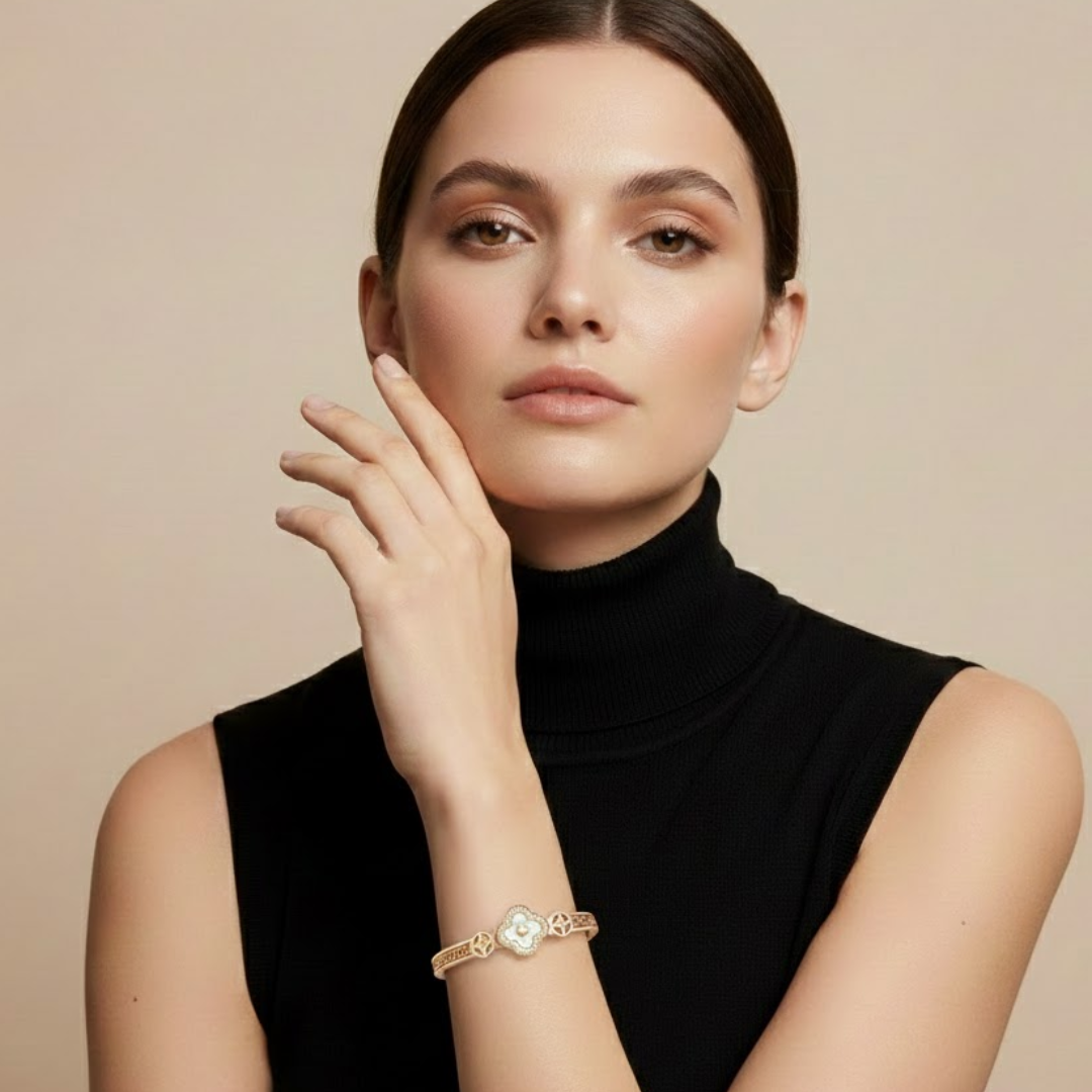 Erin | Gold Plated White Clover charm Zircon Cuff Bracelet Bangle