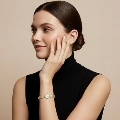 Erin | Gold Plated White Clover charm Zircon Cuff Bracelet Bangle