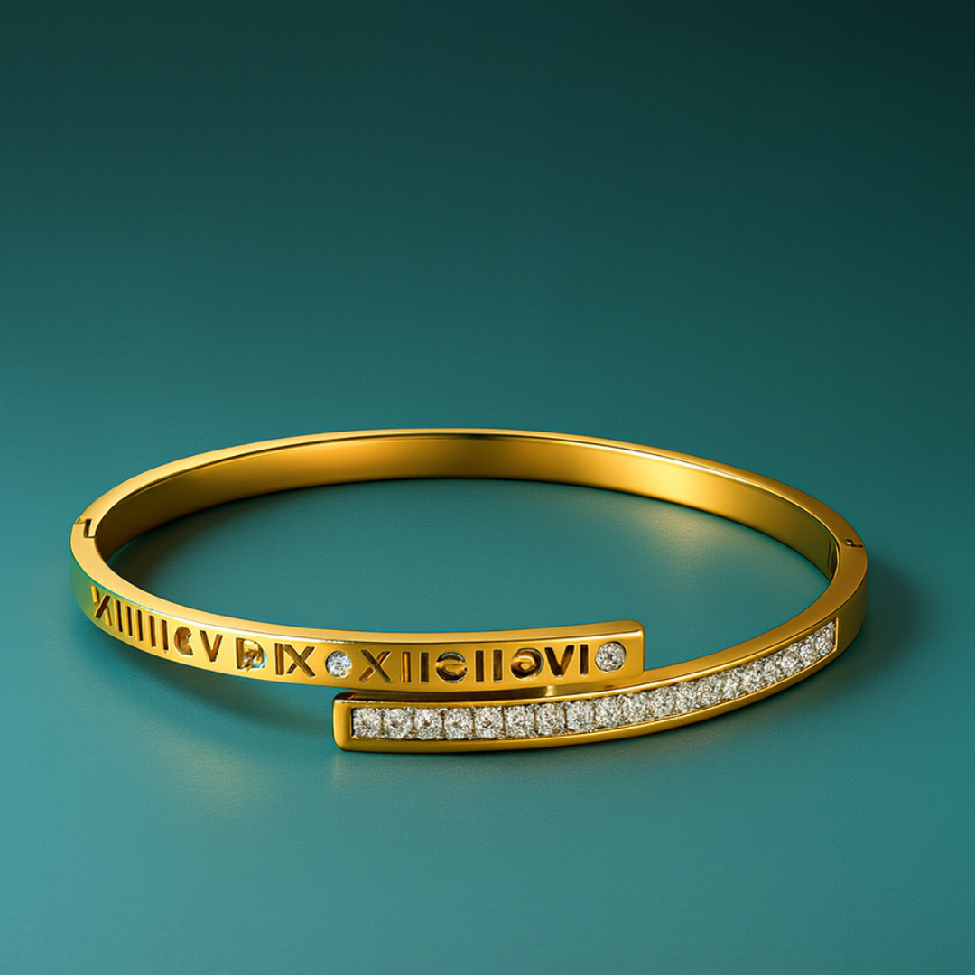 Clarissa | Gold Plated Roman Numeral Crystal Cuff Bracelet Bangle