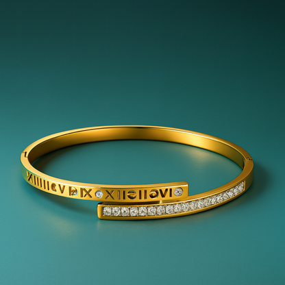 Clarissa | Gold Plated Roman Numeral Crystal Cuff Bracelet Bangle
