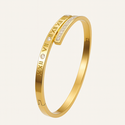 Clarissa | Gold Plated Roman Numeral Crystal Cuff Bracelet Bangle