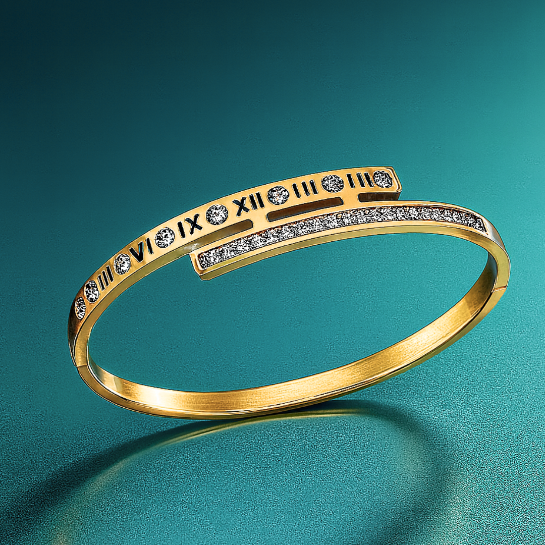 Clarissa | Gold Plated Roman Numeral Crystal Cuff Bracelet Bangle
