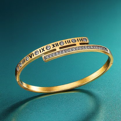 Clarissa | Gold Plated Roman Numeral Crystal Cuff Bracelet Bangle