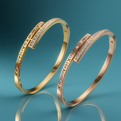 Clarissa | Gold Plated Roman Numeral Crystal Cuff Bracelet Bangle