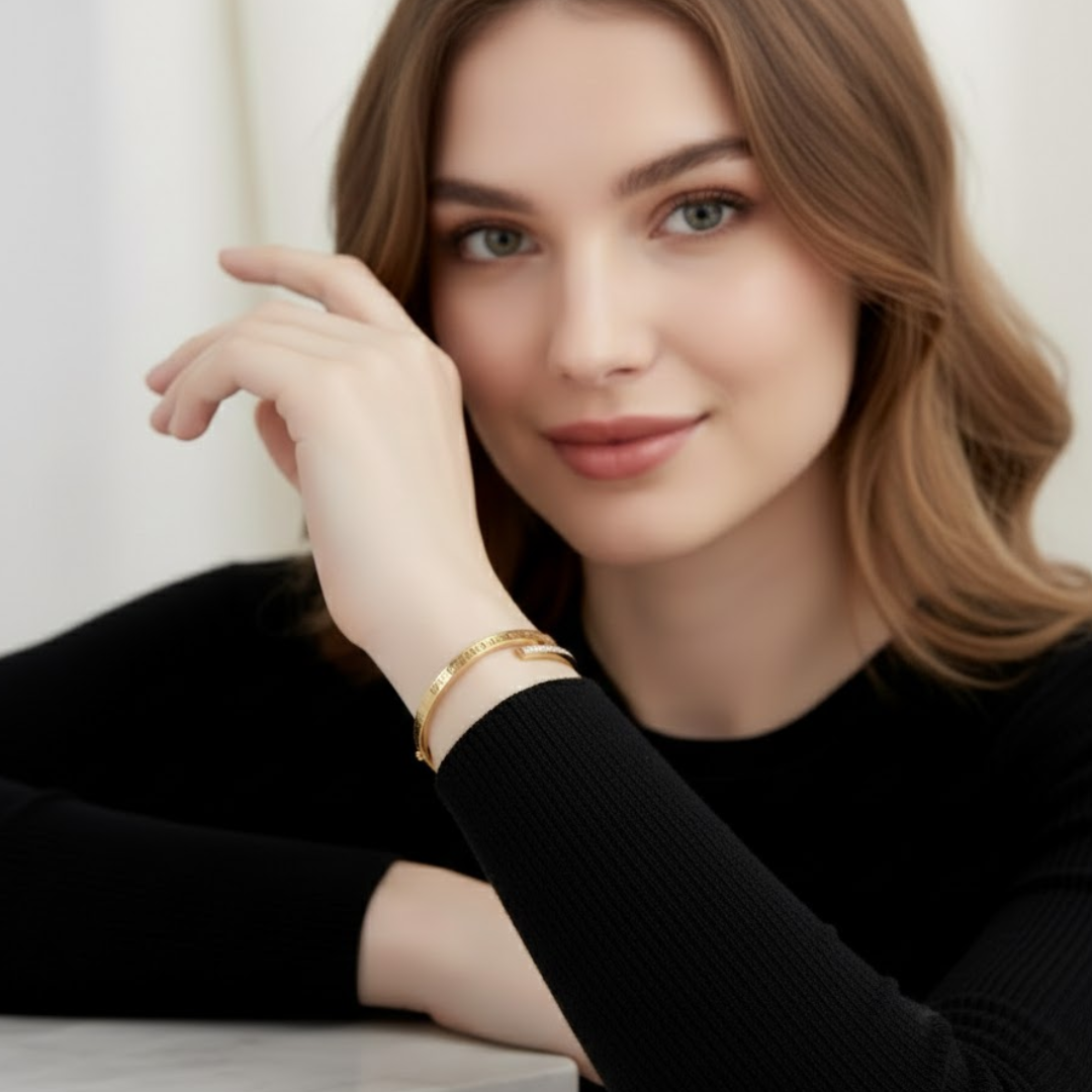 Clarissa | Gold Plated Roman Numeral Crystal Cuff Bracelet Bangle