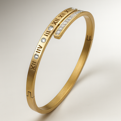 Clarissa | Gold Plated Roman Numeral Crystal Cuff Bracelet Bangle