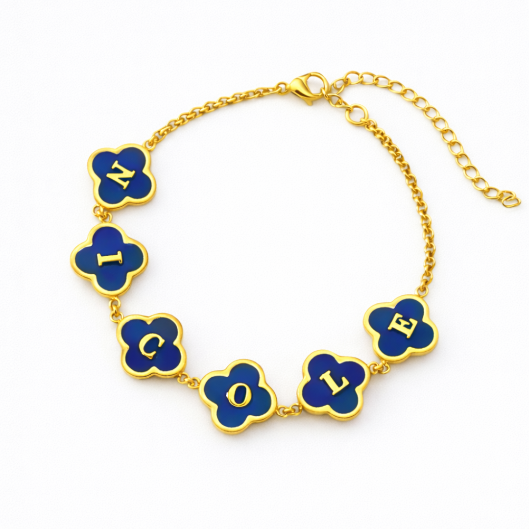 Rhea Personalised Blue Clover Name Necklace