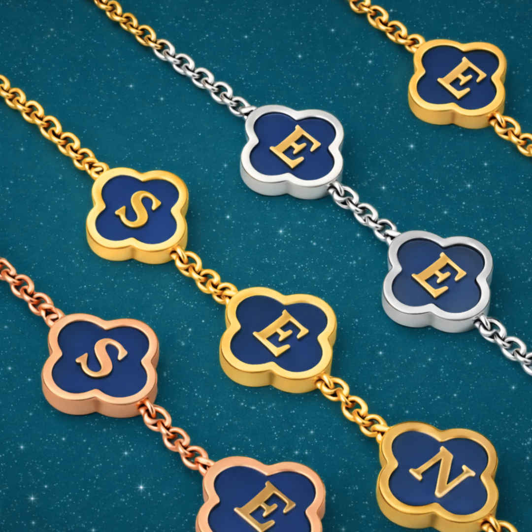 Rhea Personalised Blue Clover Name Necklace