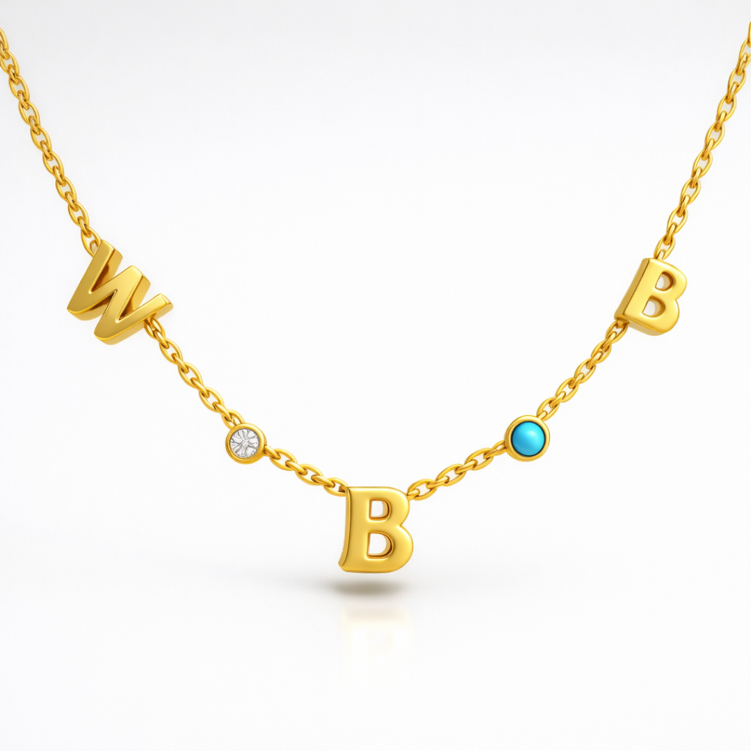 Clara | Gold Plated Suspended Personalised Name Necklace with Birthstones