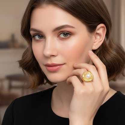 Zoe | Gold Plated Vintage Chunky Resizable Ring with a Round Pearl