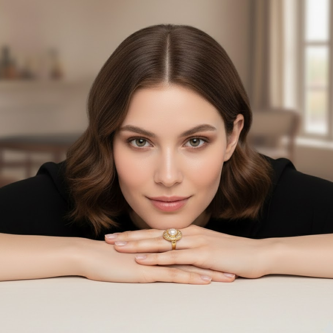 Zoe | Gold Plated Vintage Chunky Resizable Ring with a Round Pearl