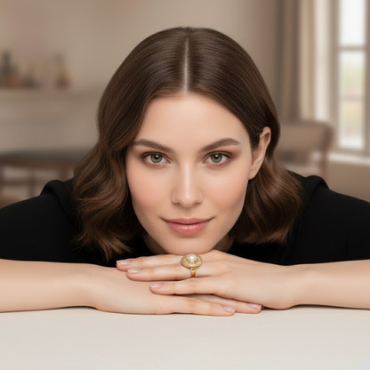 Zoe | Gold Plated Vintage Chunky Resizable Ring with a Round Pearl