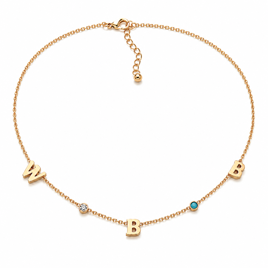 Clara | Gold Plated Suspended Personalised Name Necklace with Birthstones
