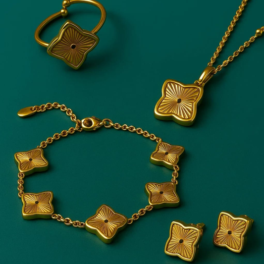 Gifting Set -18K Gold Plated Textured Four-Leaf Clover Set Waterproof (Necklace, Bracelet, Ring and Earring)