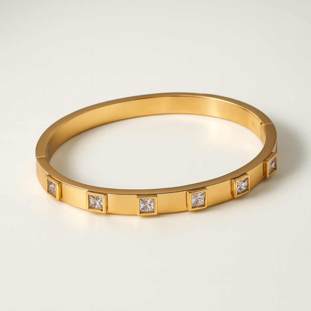 Svetlana | Gold Plated Square Zircon Cuff Bracelet Bangle