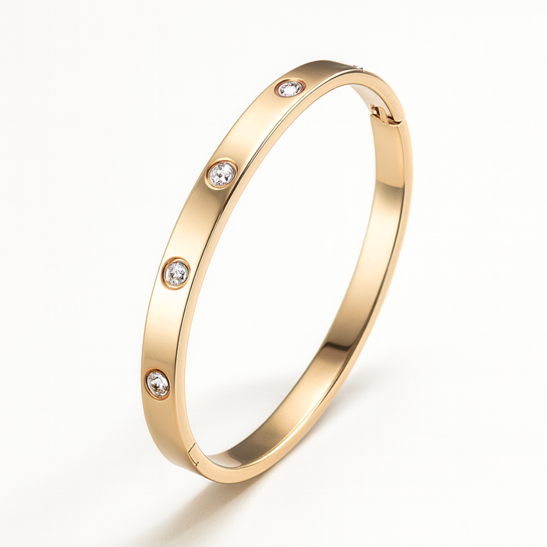 Yuliya | Gold Plated Cuff Bracelet Bangle with Circular Zircons