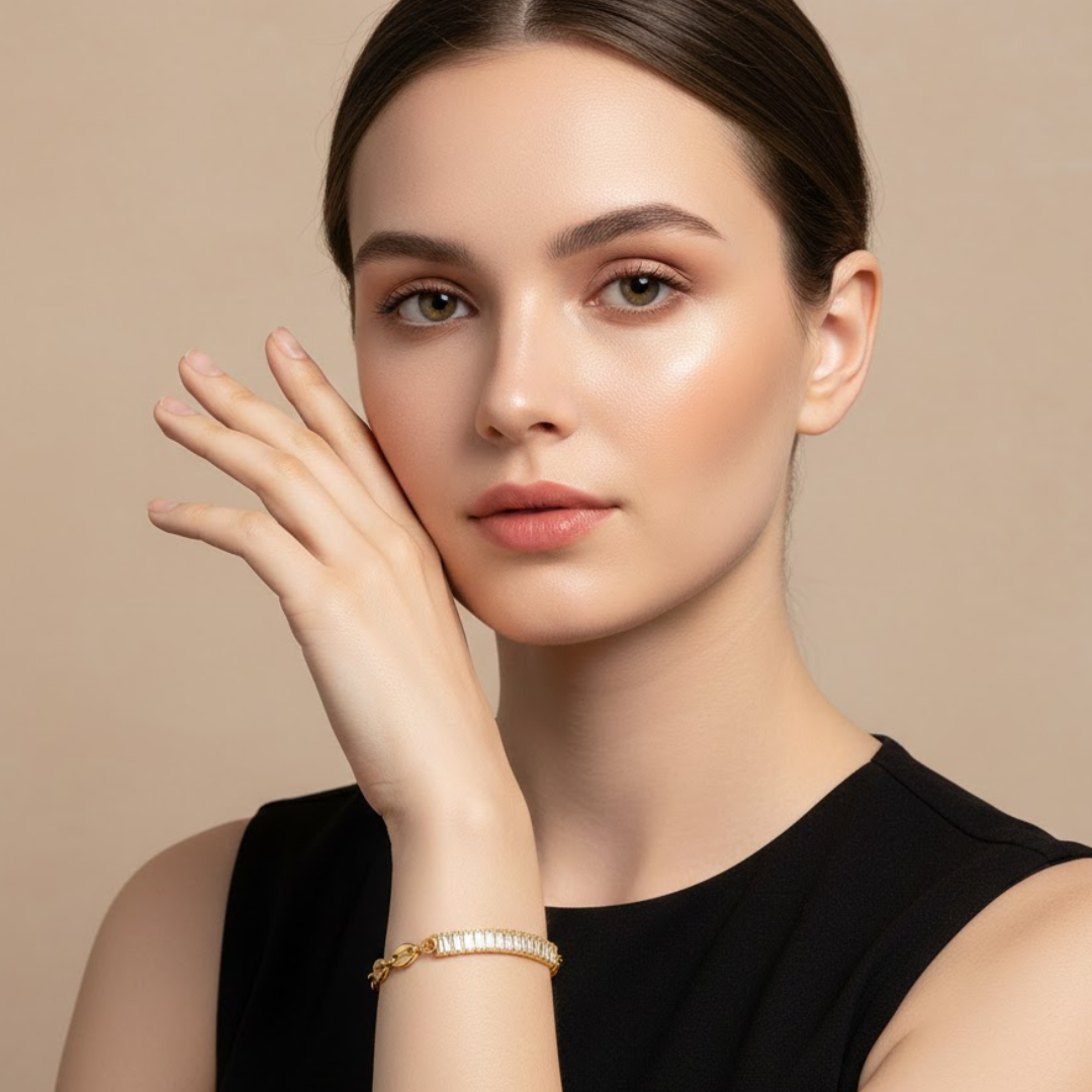 Giselle | Gold Plated Coffee Bean Link Bracelet with Zircons
