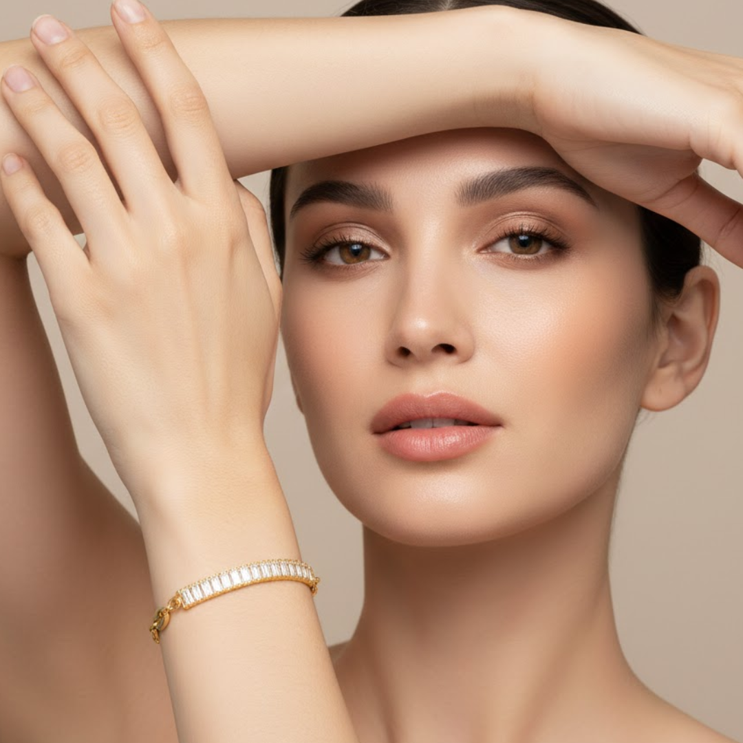 Giselle | Gold Plated Coffee Bean Link Bracelet with Zircons