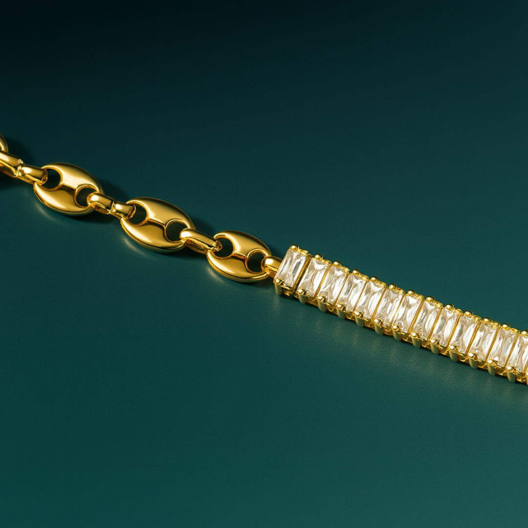 Giselle | Gold Plated Coffee Bean Link Bracelet with Zircons