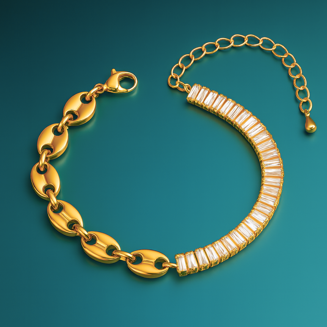 Giselle | Gold Plated Coffee Bean Link Bracelet with Zircons