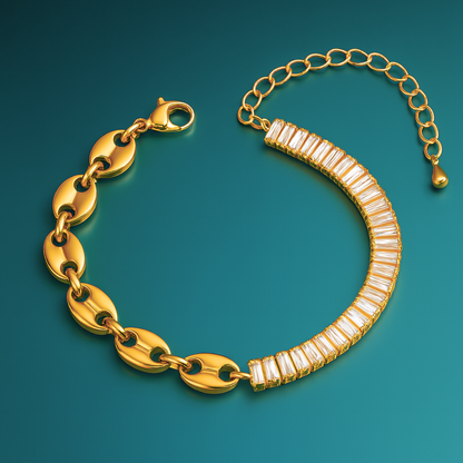 Giselle | Gold Plated Coffee Bean Link Bracelet with Zircons