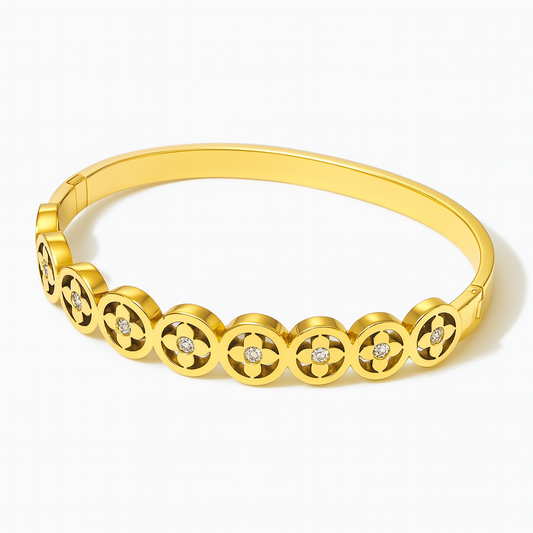 Kate | Gold Plated Four-Leaf Clover Zircon Cuff Bracelet Bangle