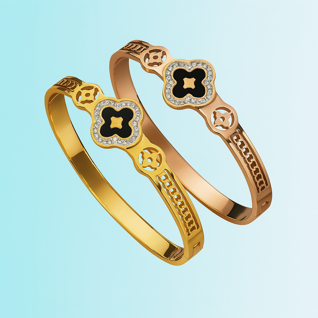 Alara | Gold Plated Black Clover Zircon Cuff Bracelet Bangle