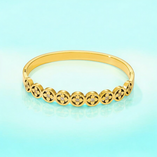 Kate | Gold Plated Four-Leaf Clover Zircon Cuff Bracelet Bangle