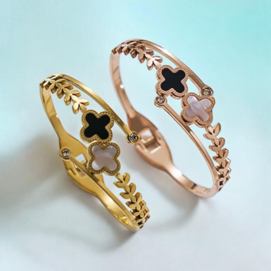 Arabelle | Gold & Rose Gold Plated White and Black Zircon Four-Leaf Clover Bangle Bracelet