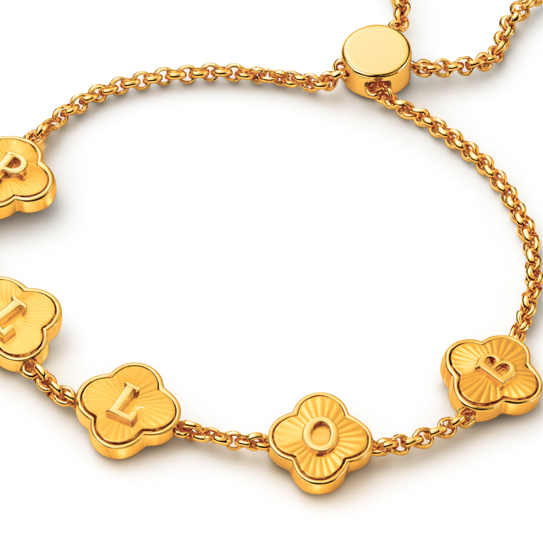 Emilia Gold Clover Bracelet - Personalised Clover Name Bracelet, 18K Gold Plated Waterproof Clover Jewellery
