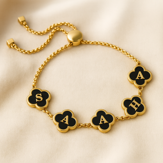 Khiara Clover Bracelet - Personalised Clover Name Bracelet, 18K Gold Plated Waterproof Clover Jewellery Christmas Gift